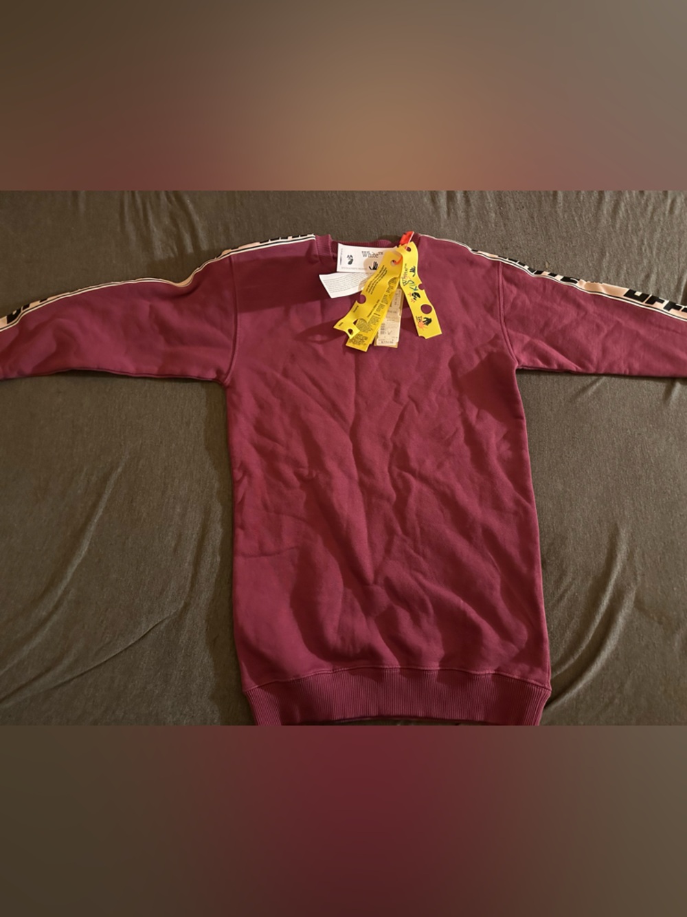 Off-White Kids Casual Long Sweatshirt Dress in Burgundy with Yellow Tags